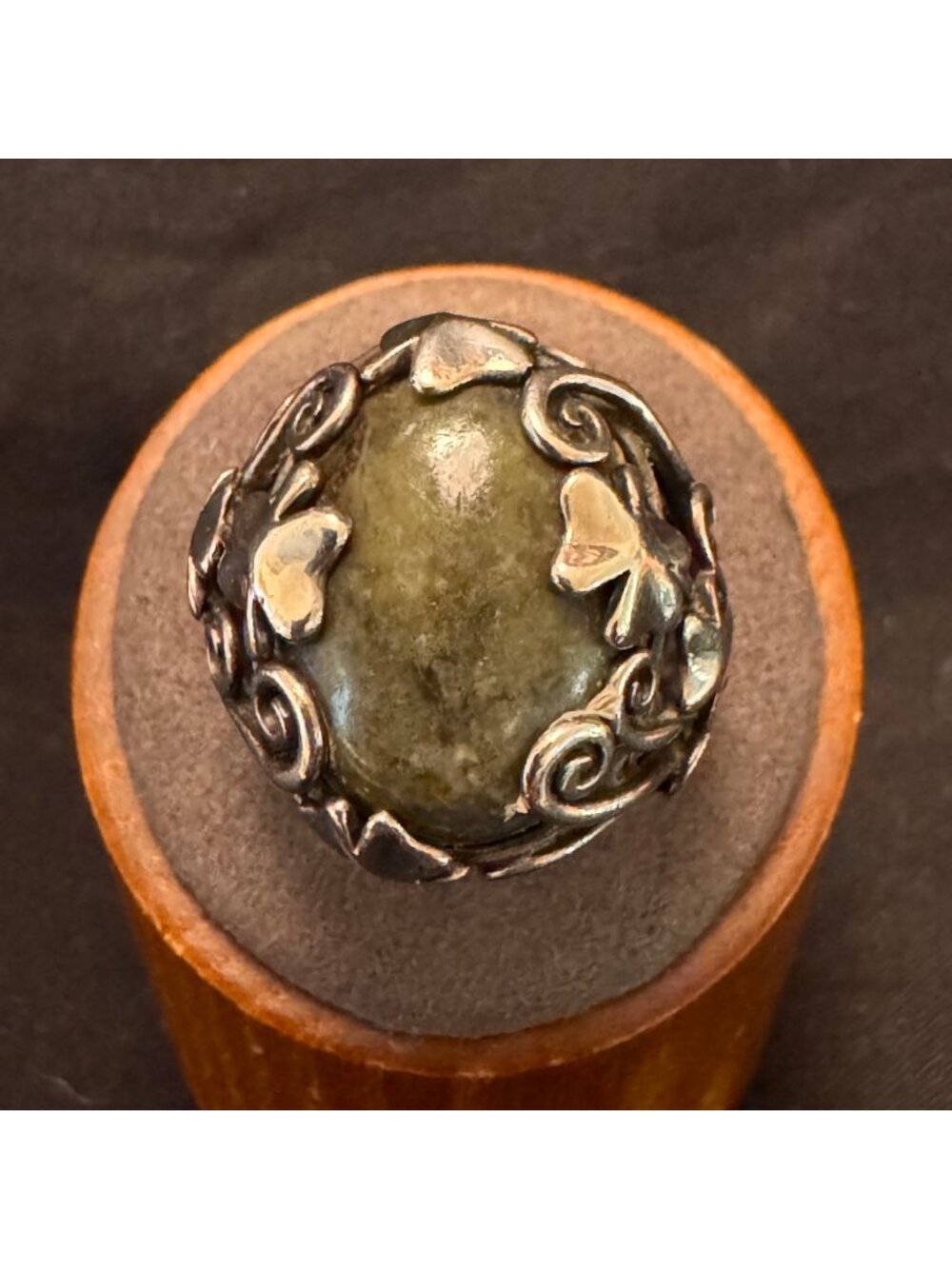 Sterling Silver 925 Connemara Marble Shamrock Scrollwork Ring Size 8.75